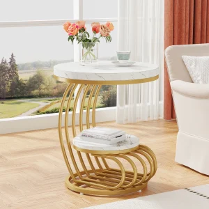 2 Tiers Faux Marble Side Table with Storage Shelf, Modern White