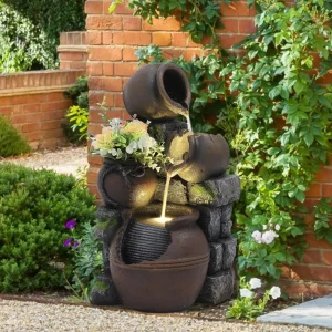 Outdoor Water Fountain with Flower Pot and Lights - Cascading Pitchers