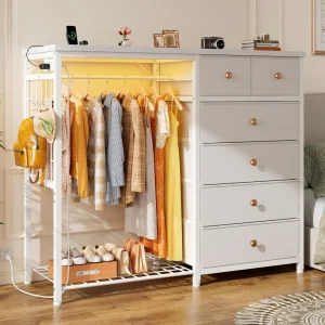 49.2" W -  Dresser  with Hanging Rack, 6 Drawers  with LED Lights & Charging Station