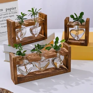 Wooden Frame Glass Vase Hydroponic Plant Vase